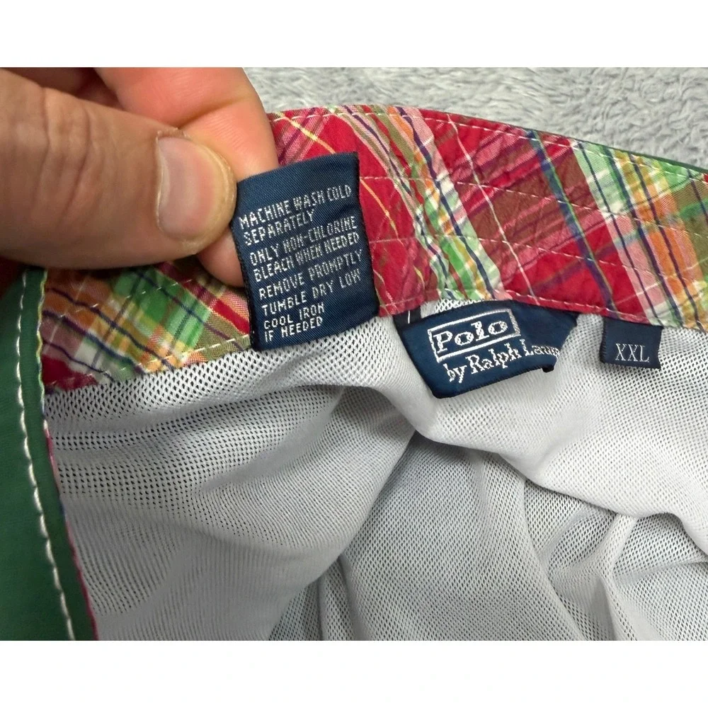Polo Ralph Lauren Swim Trunks Mens XXL Green Board Shorts Cargo Plaid Trim Mesh